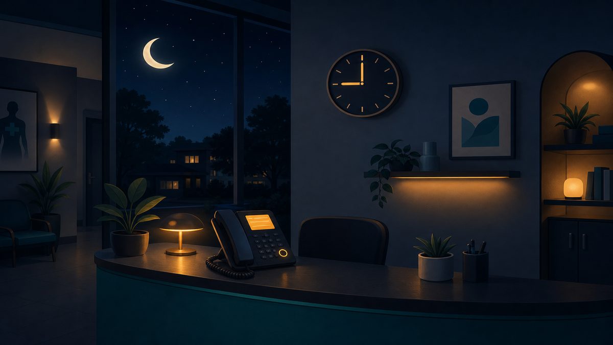 Illustration of a dark clinic reception desk at night with a glowing phone, representing after-hours patient calls
