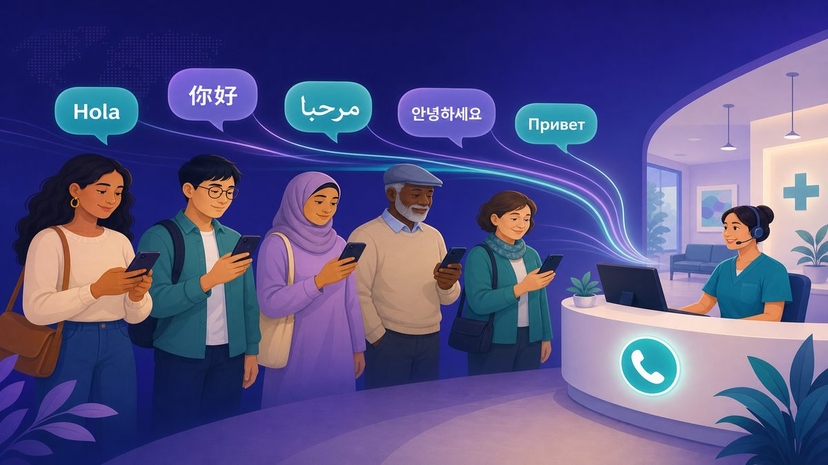 Illustration of diverse patients calling a clinic in different languages, representing language access in healthcare