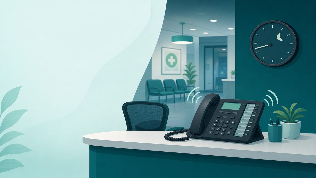 Illustration of a clinic front desk with an unanswered ringing phone, representing missed patient calls